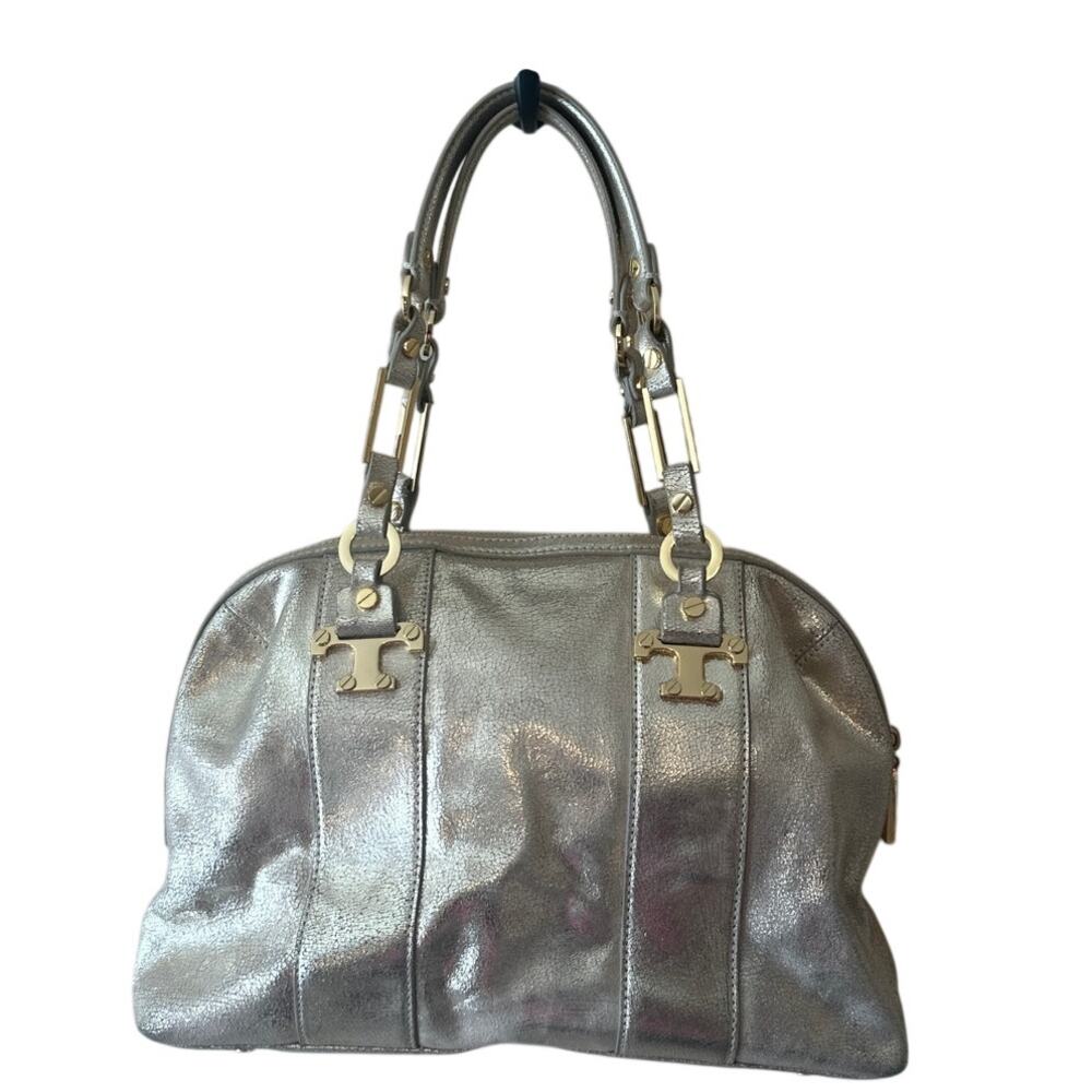 Tory Burch Nico Metallic East West Tote Silver‎ Distressed Leather